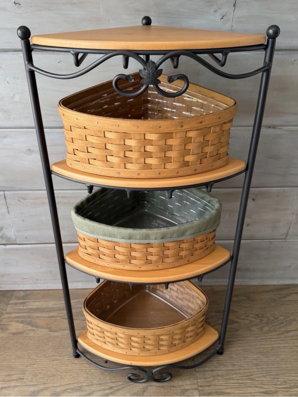 Longaberger Wrought Iron Large Corner Rack Stand & 4 woodcrafts shelves & Basket